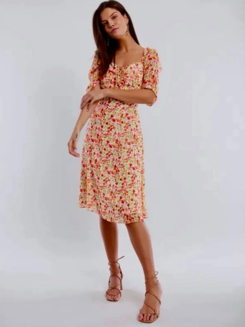 BCBGeneration Floral Square-Neck Midi Dress